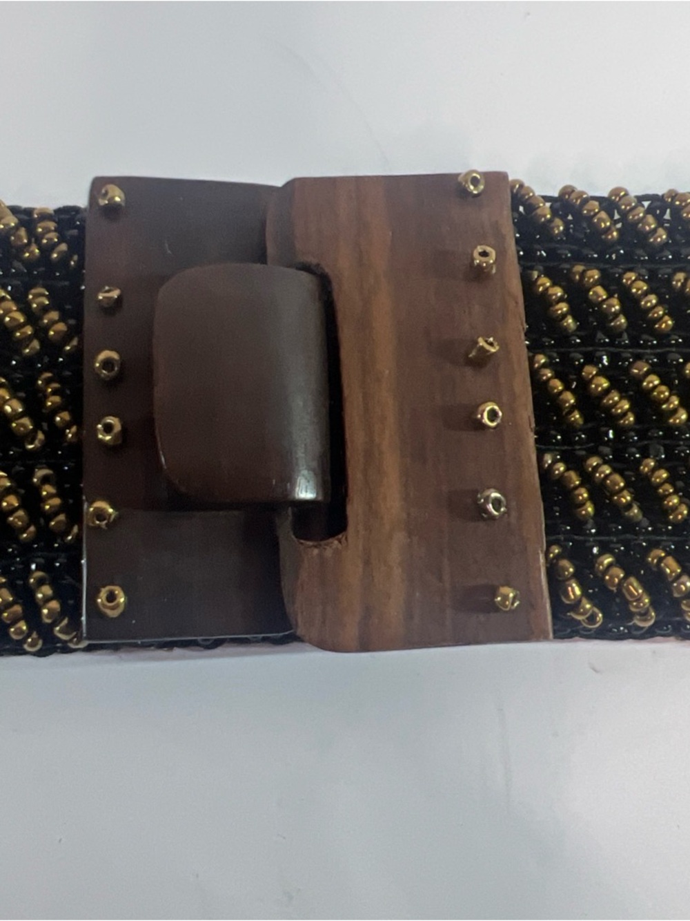 Vintage Boho Beaded Stretch Belt Bronze Brown Wood Buckle Wide Y2K Retro - Picture 2 of 12
